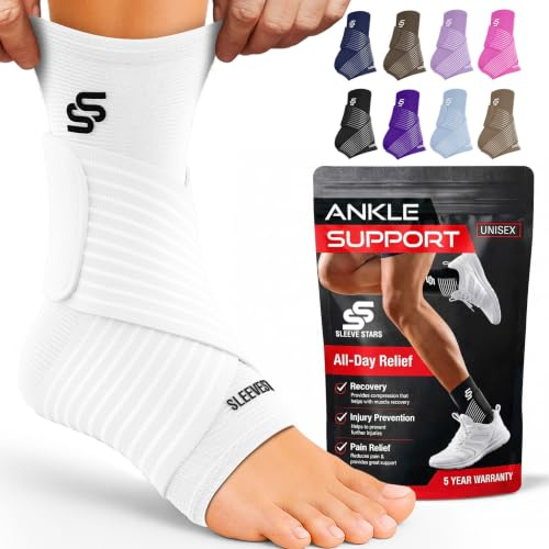 Sleeve Stars Ankle Brace Men & Women Support (Pair/M:10-12/White) | Plantar Fasciitis, Adjustable Strap, Sprained Wrap, Customizable Foot Support, Achilles Tendonitis Relief, Compression Sleeve