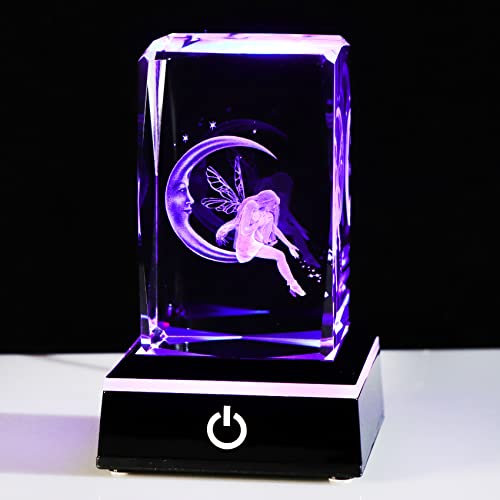 Movdyka Crystal 3D Witchy Gifts for Women, Laser Engrave Fairy and Moon Figurine Collectible Keepsake with Colorful LED Stand, Glass Fairy Gifts Home Decorative Ornaments