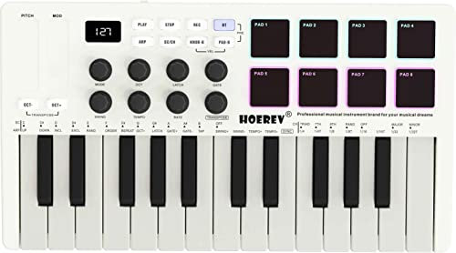 HOEREV MIDI Keyboard Controller With 8 Backlit Drum Pads, Wireless Semi Weighted Professional dynamic Keybed 8 Knobs 25 Keys USB With Lithium Battery,White