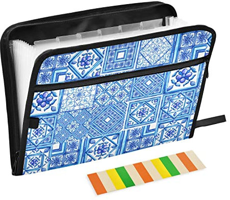 Ornamente auf Fliesen Aquarell Spanien Italien Fächermappe 13 Fächer A4 Papier Dokument Organizer Ordner mit Reißverschluss für Büro Lehrer Studenten Bibliothekar Krankenschwester Geschenke
