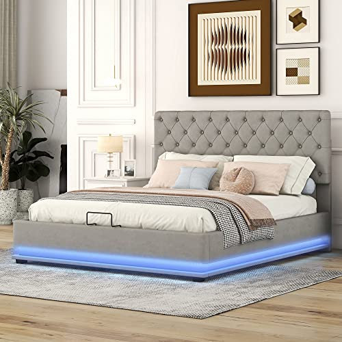 Letto matrimoniale, 140 x 200 cm, letto imbottito con LED in diversi colori, letto con sistema idraulico, contenitore e rete a doghe, testiera regolabile (grigio)