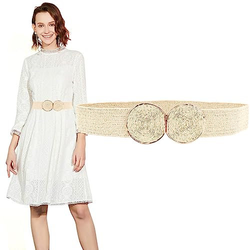 Longwu Ceintures élastiques extensibles tissées en paille pour femmes, ceinture de robe fine tressée style Boho pour dames avec boucle à crochet