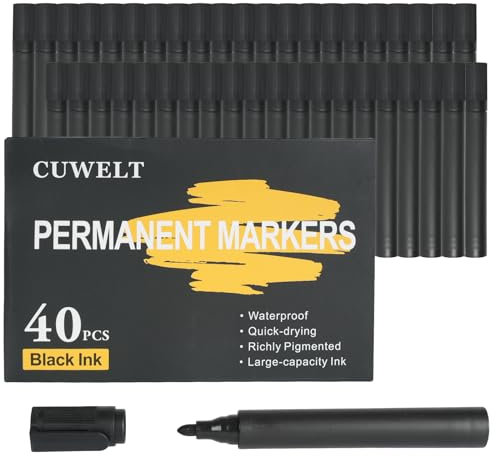 CUWELT 40 Stück Permanent Marker Schwarz, 3mm Schwarz Permanentmarker Rundspitze, Wasserfest Marker Stift, Schnell Trocknender Permanent Stift für Holz, Metall, Kunststoff, Stein zum Bemalen Markieren