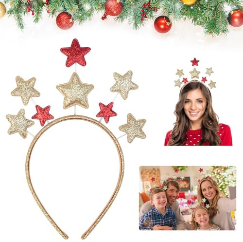 QINERSAW 1 Stück Weihnachten Haarreifen Glitzer Sterne Haarschmuck Weihnachten Sterne Stirnband für Damen Mädchen Party Geburtstag Festival Haarschmuck Gold & Rot