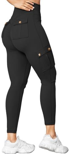Nuofengkudu Femme Push up Legging de Sport Sculptant Taille Haute Cargo Poche Cheville Butt Lift Opaque Sudation Jogging Moulant Fesses Elastique Pantalon Fitness Gym Running Pilates Noir M
