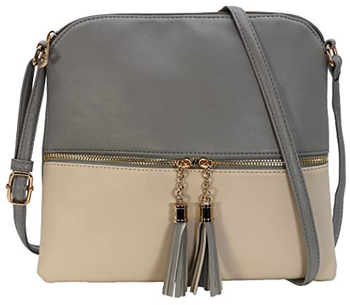 Kitty Mittelgroße Umhängetasche für Damen | Schulterhandtaschen für Damen mit mehreren Fächern | PU-Leder, Grau + Beige, Standard Size