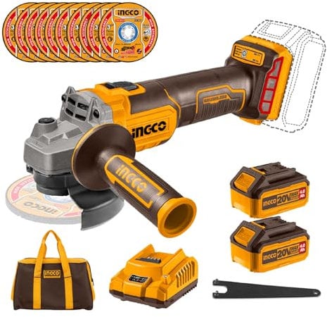 INGCO Cordless Angle Grinder 20V Brushless Grinder 125mm 8500RPM for Cutting, Grinding, Polishing with 2Pcs 4.0ah Battery, 1Pcs Charger, 10Pcs Metal Cutting Discs, 1Pcs Canvas Bag CAGLI2012582