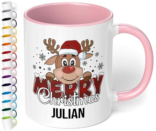 True Statements Weihnachtstasse mit Namen personalisiert „Merry Christmas“ - mit Rentier-Motiv - 330ml Keramik Kaffeebecher mit Spruch – Geschenk für Kollegen & Familie (Rosa)