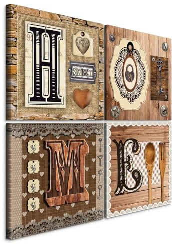 B&D XXL - Wandbilder Rustikale Buchstaben Leinwanddrucke 'HOME' - 4-Teiliges Wandbild Set im Vintage Shabby Chic Stil, Dekorative Wandkunst, Fertig zum Aufhängen für Wohnzimmer & Küche