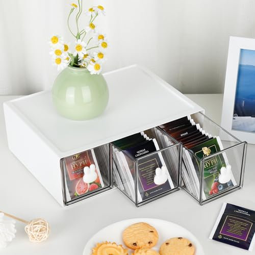 BAIEUEJO Cupboard Organizers, Tea Box with 3 Drawers, Kitchen Storage Box for Tea Bags, Coffee, etc. Storage Rack for Kitchen/Bathroom/Dressing/Office, etc.(white-3drs)