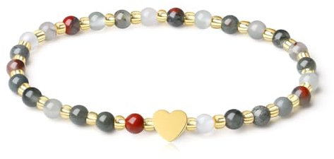 MetJakt Handgemachter Naturstein Perlenarmband 4MM Mini Stretch Armband Energiearmbänder 18k vergoldet Herz Armbänder für Damen Damenschmuck Echtes (Afrikanischer Blutstein)