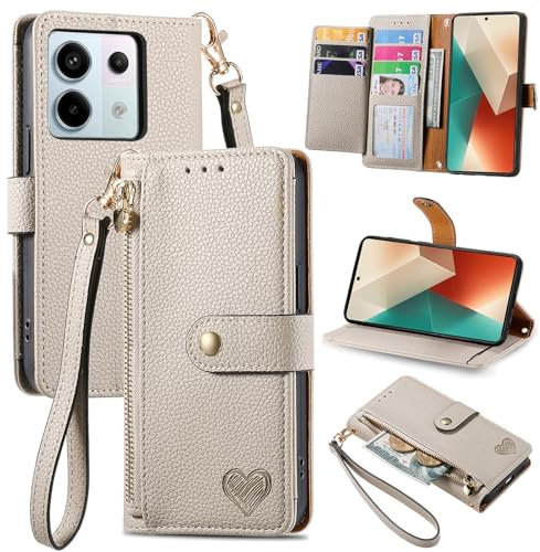 VEEMOS Handyhülle für Xiaomi Redmi Note 13 Pro 5G Hülle Klappbar Klapphülle Schutzhülle mit Kartenfach RFID Reißverschluss Handy Tasche Leder Flip Case Cover Handytasche Frauen - Grau