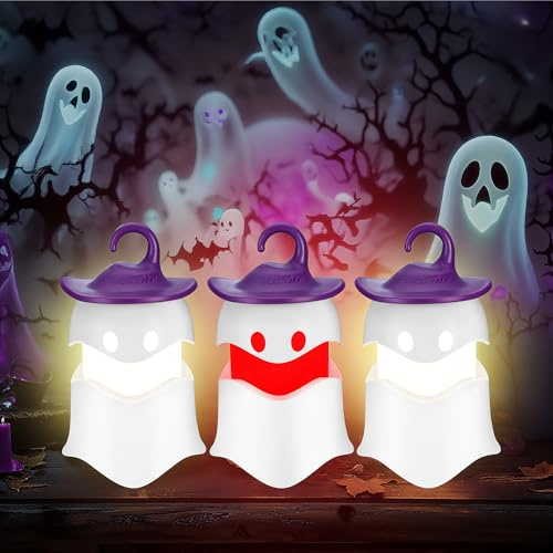 EverBrite Lanterna di Halloween a Forma di Fantasma 3 Pezzi Portatile, LED Luce Rossa e Gialla, Decorazione Halloween da Esterno, Regali di Halloween, Piccole Lanterne a Fantasma con 9 Batterie AAA