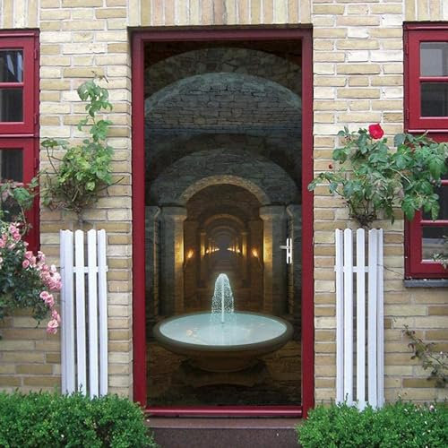 3D Door Art Pillar Fountain Self-Adhesive Door Sticker Poster Wallpaper Mural Wall Sticker Photo 95 X 215 Cm Pvc Removable Door Decoration For Living Room Bedroom Bathroom Kitchen Office -7W5Z9Y2I9P4A