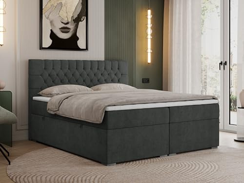MKS MEBLE Boxspringbett 160x200 cm mit Bettkasten, Premium Multipocket Matratze H4 mit Topper T25, Doppelbett mit Kopfteil PERA - Dunkelgrau Strukture