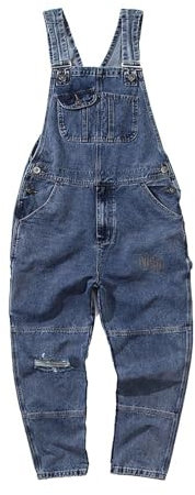 WAZHAKU Salopette en Denim pour Homme - Pantalon Cargo Rétro - Salopette de Travail - Bleu - Coupe Ample - Combinaison en Jean, XL