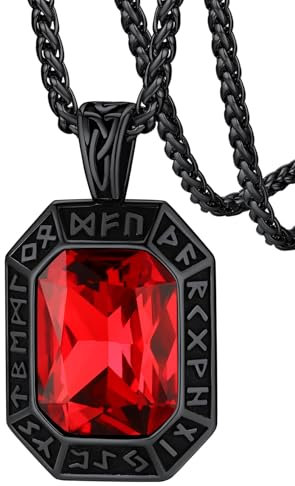 FaithHeart Onyx Amulett für Damen Herren, Edelstahl Wikinger Rune Halskette mit Rote Onyx Stein,Schutz Amulett für Geburtstag Valentinstag