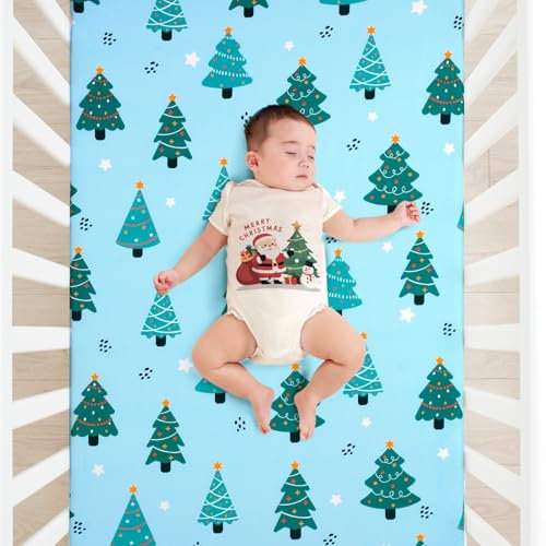 JISEN Spannbettlaken für Kinderbett, Weihnachtsmotiv, Cartoon-Baum, für Jungen und Mädchen, Kinderbett-Matratzenbezug, Baby-Bettlaken für Standard-Krippen- und Kleinkindmatratze, weich, atmungsaktiv,