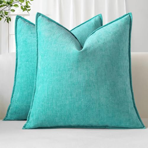 Sungeek 2er Set Chenille Kissenbezüge, Weich Dekorativ Zierkissenbezüge Umwickelte Kante Kissenbezug Dekokissen Deko Bezug Einfarbig Kissenhülle für Sofa Schlafzimmer Wohnzimmer (60x60cm, Türkis)