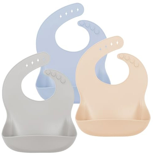 MOJINL Lätzchen Baby Wasserdicht, 3 Stück Silikon Lätzchen Baby mit Auffangschale, Abwaschbar Babylätzchen, Einstellbare Essen Fütterlätzchen für Jungen Mädchen (Grau/Beige/Fernblau)