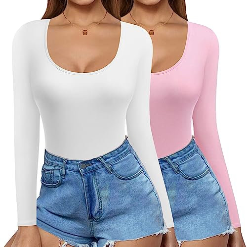 Ekouaer Black Long Sleeve Top Women Slim Round Neck Skim Dupe Crop Slim Top Blouse Thermal Tops for Women, White+Pink, L