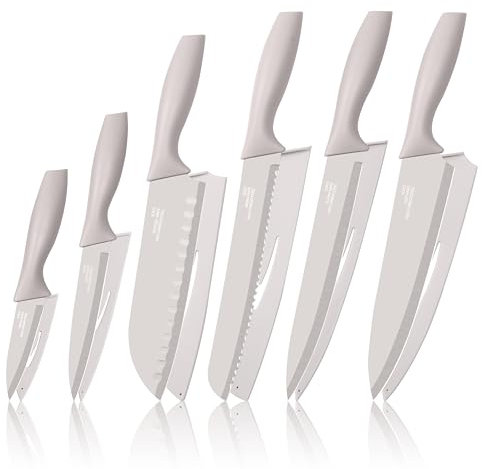 Homikit Messerset 6-teilig, Edelstahl Küchenmesser Messer Set mit Schutzhülle, Scharfes Messer Kochmesser Fleischmesser Allzweckmesser für Schneiden Zerhacken Zerschneiden, Antihaftbeschichtet, Khaki