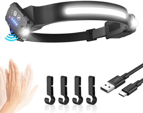 Head Torch Rechargeable, Super Bright 300° Wide Beam & Adjustable Spotlights LED Headtorch, 9 Modes Motion Sensor, 28 Hours Long Lasting, Waterproof Lightweight Headlamp for Camping Fishing Running