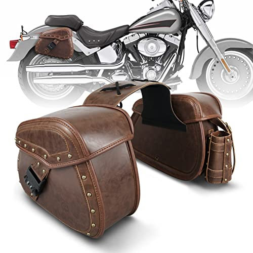NICECNC Motorrad Satteltaschen PU Leder, 22L Große Kapazität Throw Over Satteltaschen Seitengepäcktasche mit Getränkehalter und Schloss, Compatible with Softail Dyna Iron Fat Boy V-Star Shadow Vulcan,