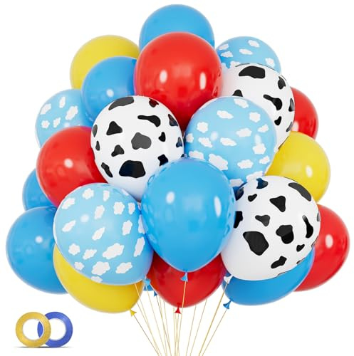 68Pcs Red Yellow Blue Toy Balloons 12 Inch Light Blue Cloud Cow Print Balloons for Baby's Birthday Story and Football Party Themed Decorations