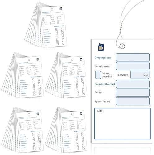 GmwyCzV 50 Pièces Etiquette Vidange Voiture, 10x6 CM étiquettes Pendentif de Vidange D'huile, Porte Etiquette de Vidange Huile avec Câble Métallique Étiquettes, pour Le Suivi des Entretiens Véhicules