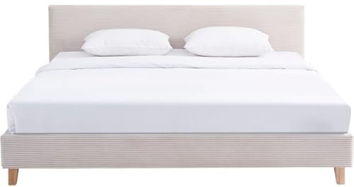 HOMIFAB Lit Adulte 180x200 cm avec tête de lit capitonnée en Velours côtelé Beige - Milo