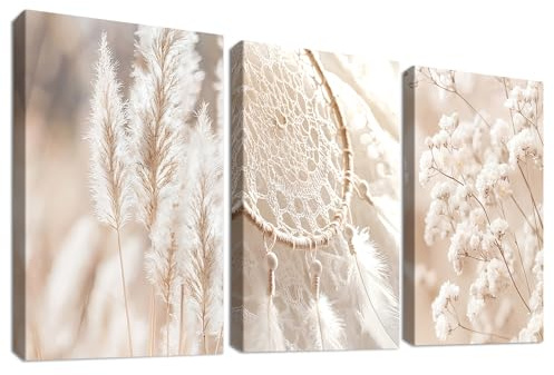 HALFLEMART 3Pcs Beige Pampasgras Mit Rahmen Leinwand Bilder Traumfänger Botanisch Baby's Breath Bild auf Leinwand Malerei Wandbilder Zuhause Wohnzimmer Schlafzimmer Badezimmer Wanddeko 50x70cm x3pcs