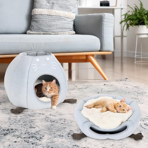Katzenbett, Faltbare große Katzen Katzenhöhle, 45x45x40cm (TxBxH) Katzenhaus Indoor mit abnehmbarem Sherpa Katzenkissen, Katzen Bettchen, Katzenzelt für Hauskatzen Grau
