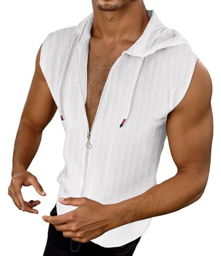 T-shirts pour homme à manches courtes, sweat à capuche, fermeture éclair, sans manches, débardeur, t-shirt de fitness, t-shirt d'été en coton, t-shirt de sport, t-shirt à capuche, Blanc., S