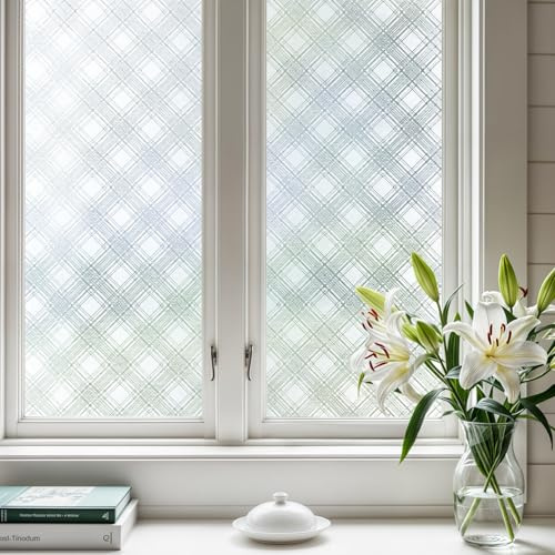 Qualsen Fenêtre Film Fenetre Anti Regard Film Opaque Fenetre Films Electrostatique Vitre Brise Vue Anti UV Dépoli Motif Losange, pour Bureau Maison Salle de Bain Chambre Cuisine 30x100cm