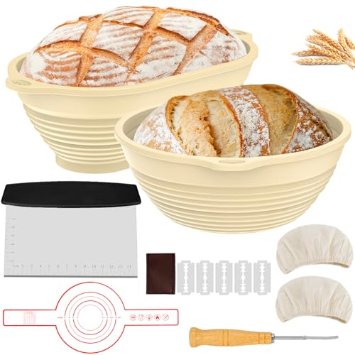 TOTSUN Sourdough Starter Kit - Round & Oval Silicone Banneton Bread Proofing Baskets - Bread Making Accessories with Bread Lame, Oil Brush, Dough Cutter
