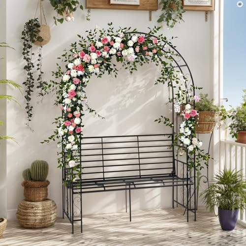 HOBBYZOO Arche Jardin en métal - Arche de Jardin avec siège, 135x58x202 cm - Convient aux Plantes grimpantes, Peut être utilisée dans la Cour et Le Jardin, Noir