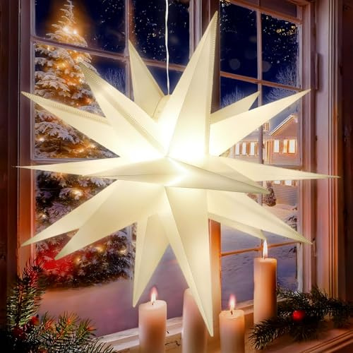 Dongcill LED Weihnachtsstern Aufhängbar, 40cm LED Weihnachtsstern | Leuchtsterne Weihnachten Fenster Dekoration für Außen und Innen,Weihnachtsbaum,Dekorieren von Innenhof,Balkon,Garten