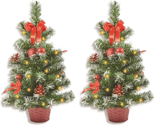 Riffelmacher 20259 - Baum mit Deko und LED-Licht, Größe 50 cm, Rot, mit 10er LED-Lichterkette, 2X AA (Nicht enthalten), Weihnachts-Baum, Beleuchtung, Dekoration, Weihnachten, Advent (Packung mit 2)