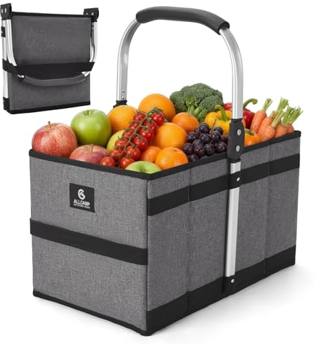 ALLCAMP 27L Einkaufskorb Faltbar | Verstärkter Boden & Alu-Griff | Stabil & Platzsparend für Kofferraum und Einkauf Grau (43,5 x 25 x 24,5 cm)