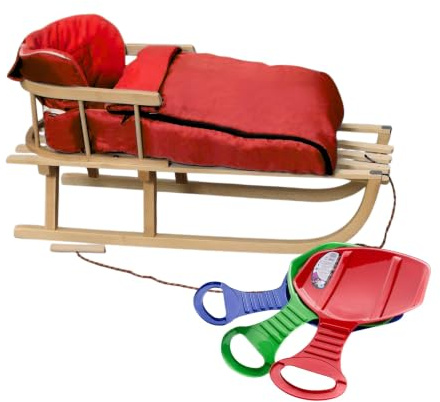 BirnePower Holzschlitten 90cm mit Rückenlehne und Winterfußsack 90cm oder 108cm Komplettset inkl. Zugseil & Gurt, Rodelschlitten aus Buchenholz