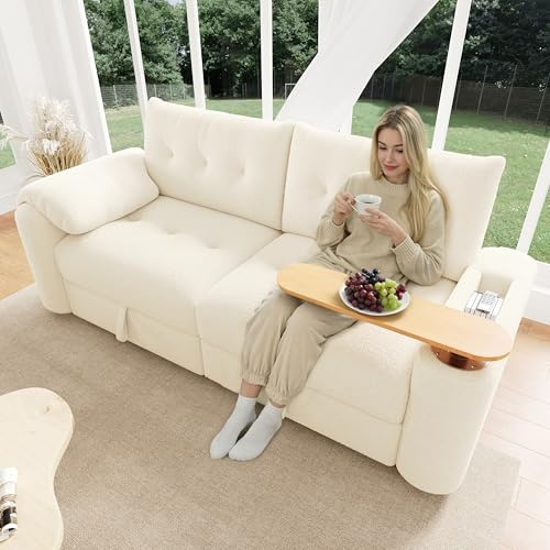 Merax 2 Sitzer Sofa mit Stauraum Praktisches Klein Couch mit Kopfstütze & integriertem Beistelltisch, Polstersofa aus Teddy-Samt, für Wohnzimmer/Schlafzimmer/Wohnung, Beige
