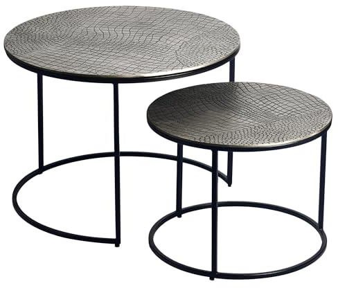 FineBuy Satztisch Metall 2er Set Rund Silber, Couchtisch | Tischplatten mit geprägtem Muster, Sofatisch Set aus Aluminium, Platz für Getränke und Snacks, handgefertigt
