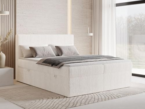 GRAINGOLD Brisa Bett, Boxspringbett mit Bettkasten, Polsterbett mit Bonell-Matratze, Cordstoff, mit Topper, mit Kopfteil (Creme, 160x200)