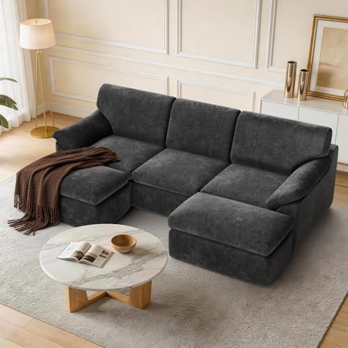 Hamlody Cloud Sofa Modulares 2,4m U-Form | Komprimiertes Sofa Ohne Montage, 380g Velvet Snow Velvet (Chenille) & High Resilience Foam, Set mit 3 Sitzplätzen + 2 Ottomanen, Grau