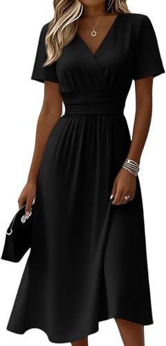 Kleider Damen Sommer Lang Tailliert Sommerkleid Damen Elegant Midi A Linie Kleid V Ausschnitt Midikleid Festlich Hohe Taille Sommerkleider Leicht Und Luftig Strandkleid Kurzarm Midikleider