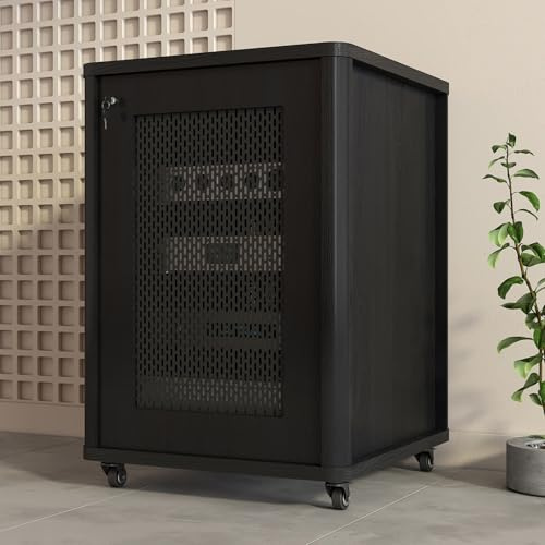 Audio Rack HiFi Regal mit Rollen, TV Schrank für Stereo-Komponenten, Plattenschrank mit Metalltüren und verstellbaren Böden, Schallplattenschrank(Black,H 82.7cm/32.5in)
