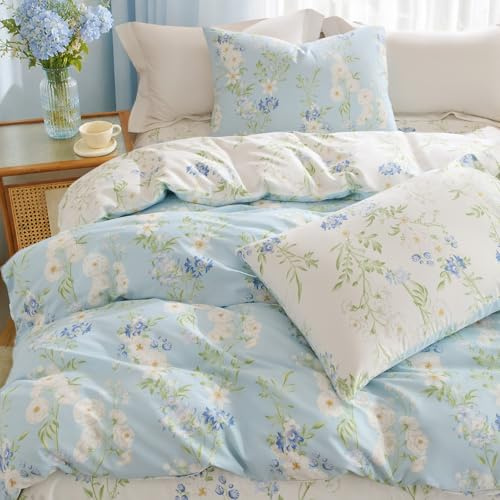 Freyamy Bettwäsche 200x220 Baumwolle Blau Pflanzen Blumen Bettwäsche Set | Bettwäsche für Allergiker, Aesthetic Bettwäsche Mädchen, ÖKO-TEX Bettbezug mit Reißverschluss und 2 Kissenbezug 80x80cm