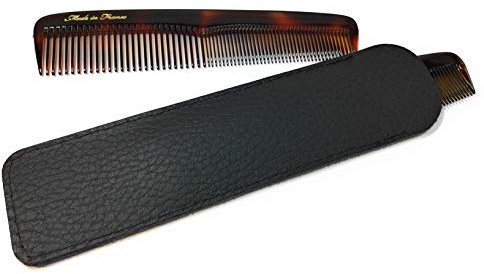 Taschenkamm Acetat havanna-bernstein 13,5 cm made in France mit Echt-Leder-Etui schwarz (31 Et)