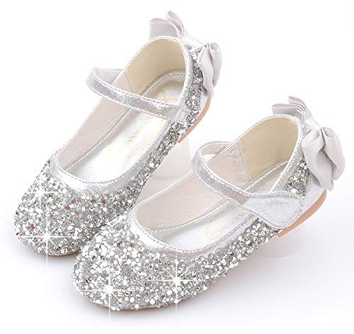 Monissy Sandalo Fiocco Paillettes Cristallo Ragazza Principessa Scarpe Tacco Ballerine Paillettes Lucido Piatto Fibbia Confortevole Travestimento Matrimonio Natale Halloween Carnevale,Argento,37